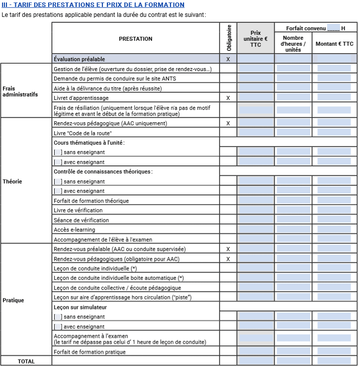 Le contrat type de formation autoécole Codes Rousseau